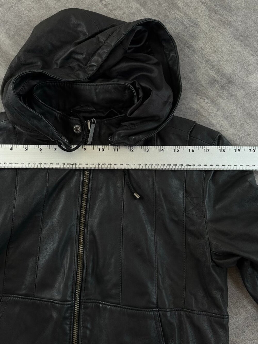 Black Leather Hooded Bomber Jacket ERIK HART Size S Unisex Zip Up Sz S - Picture 13 of 15